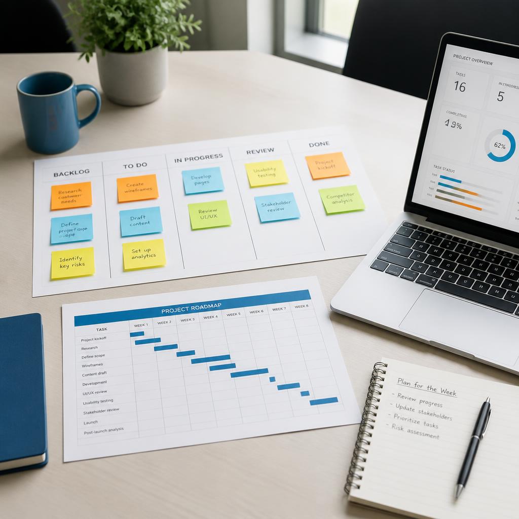 Projectplanning met kanbanbord, roadmap en laptop op een bureau